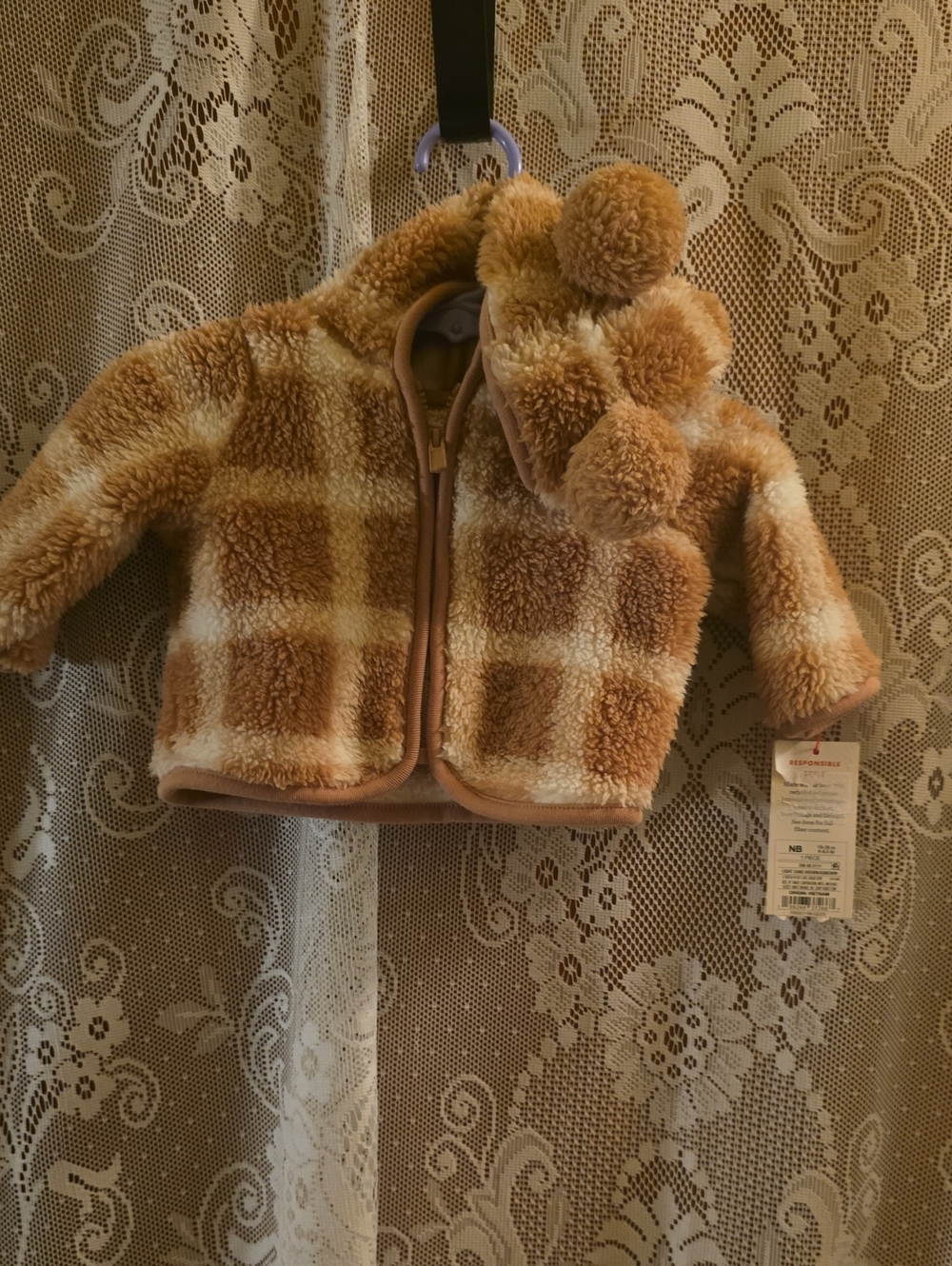 New Cat & Jack Newborn Cozy Tan & Cream Plaid Teddy Zip Jacket Pom Accent Hooded